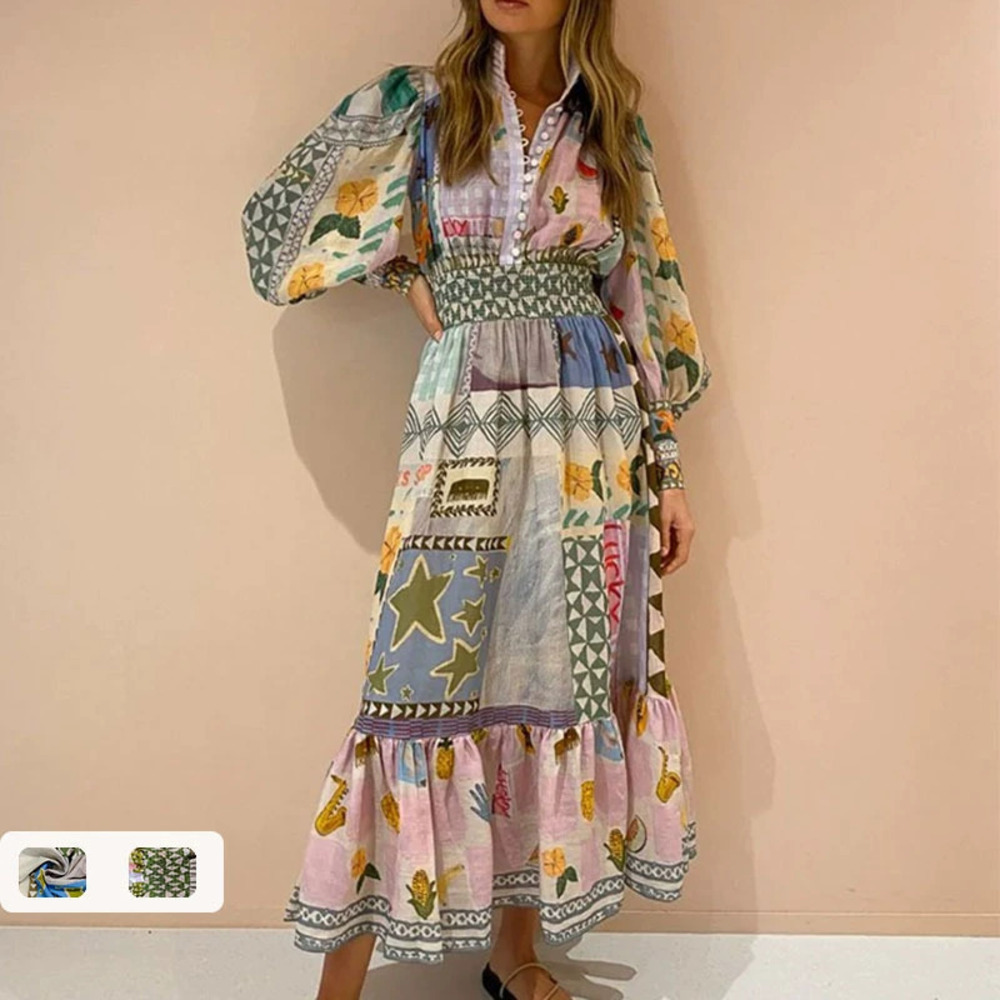 ZARA Summer Office Painted Floral Lantern Sleeve Waist Cinched Maxi Dress